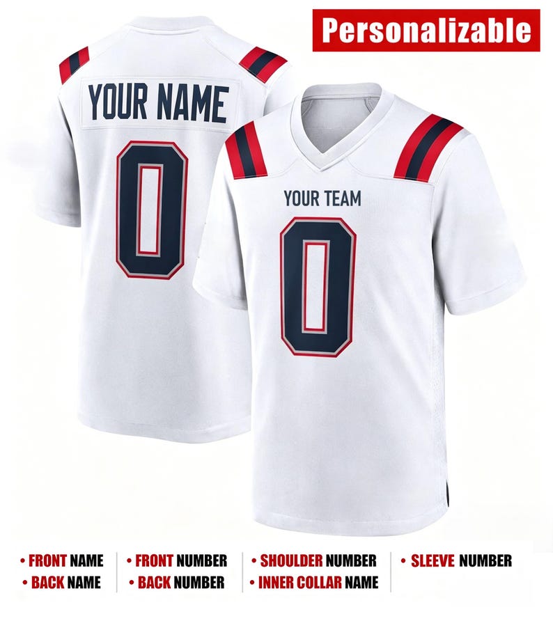 May include: A white jersey with navy blue and red accents on the shoulders. The front displays the text YOUR TEAM and the number 0 in navy blue with red outlines. The back features the text YOUR NAME and the number 0 in navy blue and red.