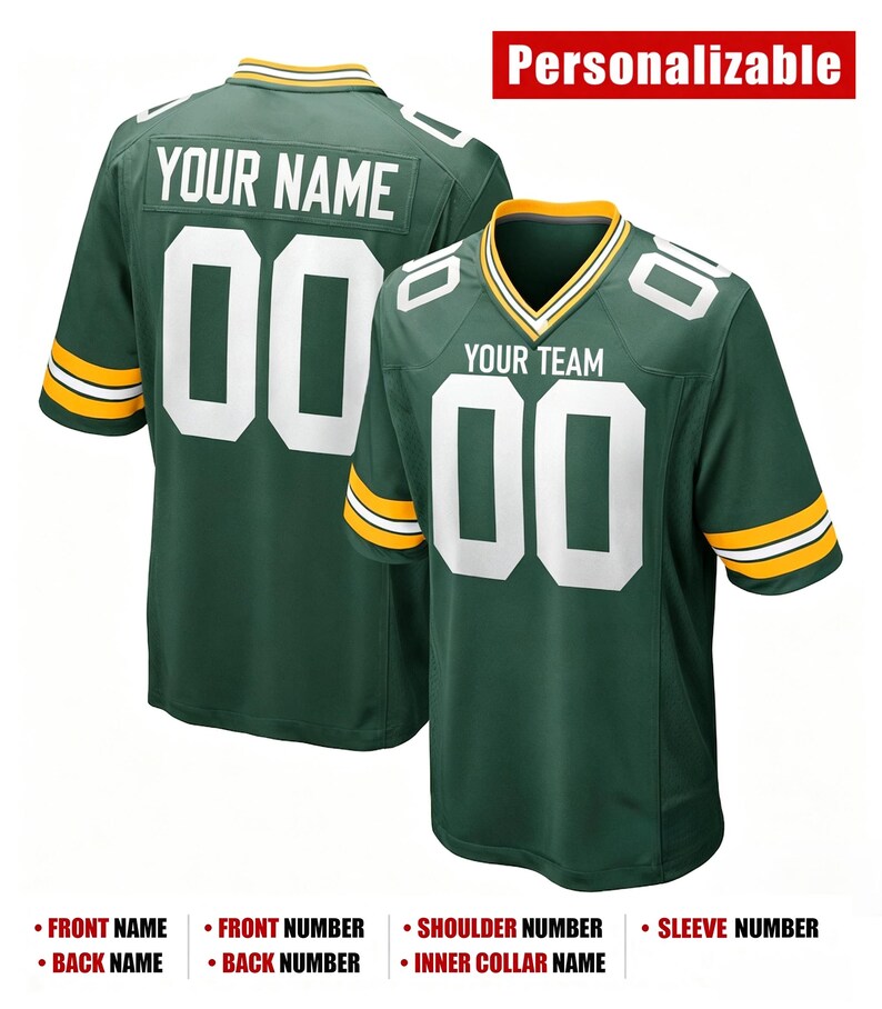 Personalized Green Football Jersey: Add Custom Stitched Name & Number, Birds Eye Pique Fabric imagem 5