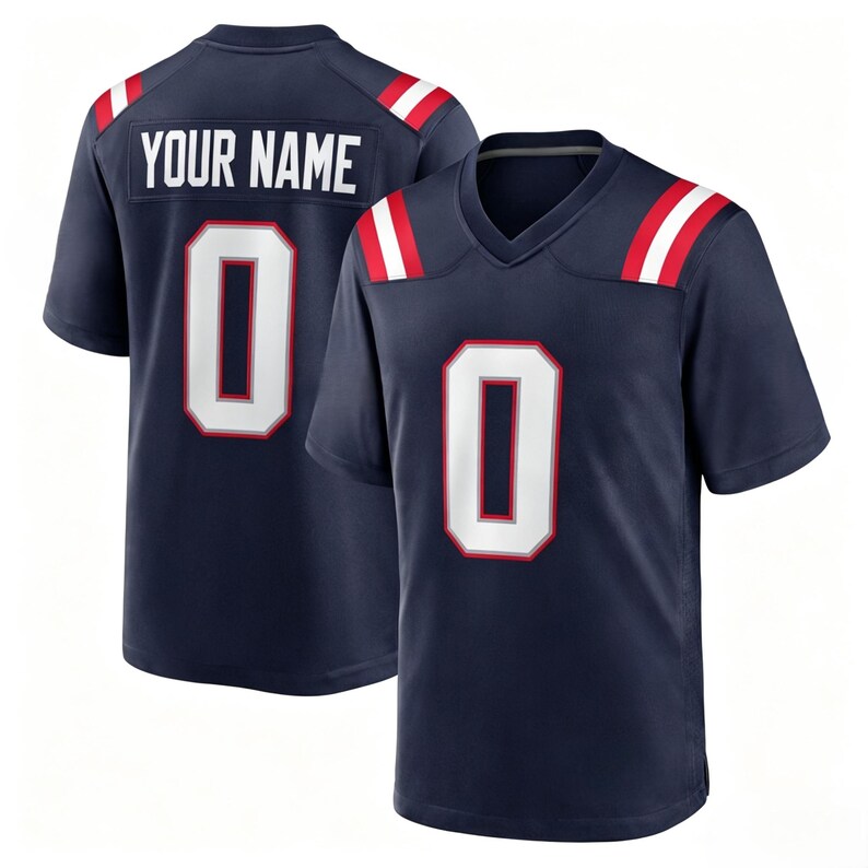 May include: A navy blue short-sleeve jersey featuring a V-neck collar and white stripes with red borders on the shoulders. The front displays a large white number zero with a red outline. The back shows the text YOUR NAME above a large number zero.