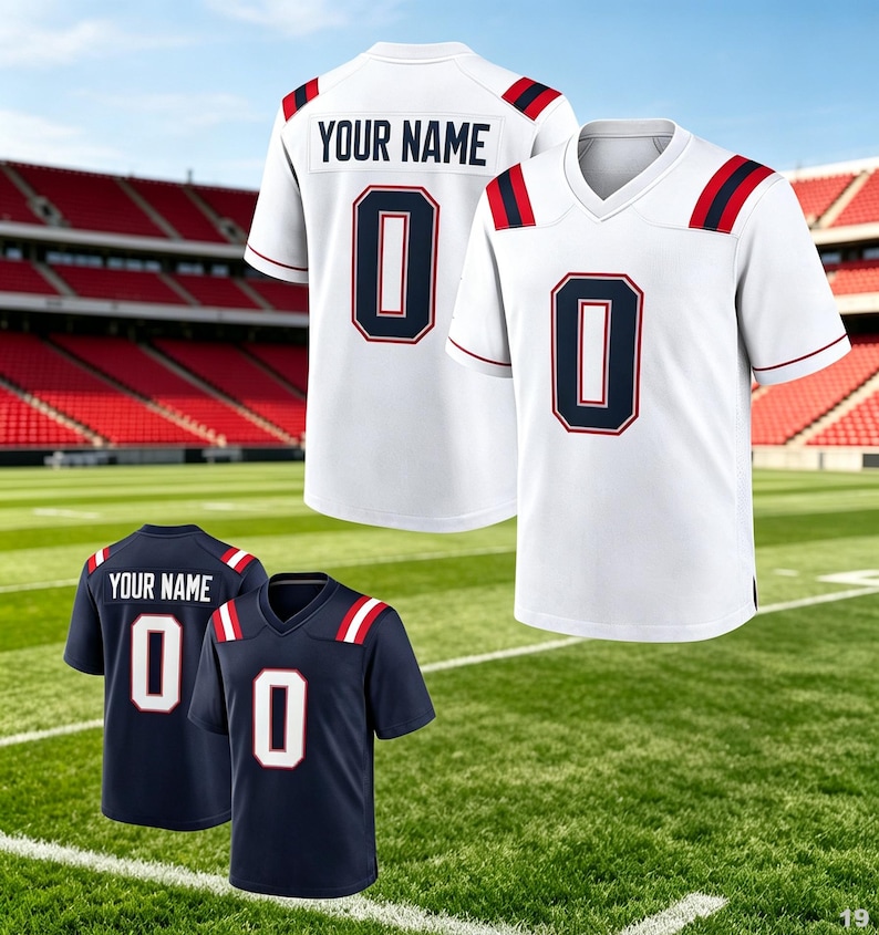 May include: Two white and two navy blue athletic jerseys featuring a V-neck collar, short sleeves, and red and blue shoulder stripes. Each jersey displays the number 0 in a bold font and the placeholder text YOUR NAME on the back.