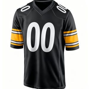 May include: A black V-neck jersey featuring the number 00 in large white font on the center chest and shoulders. The short sleeves are accented with wide yellow bands bordered by thin white stripes, creating a bold contrast against the black fabric.