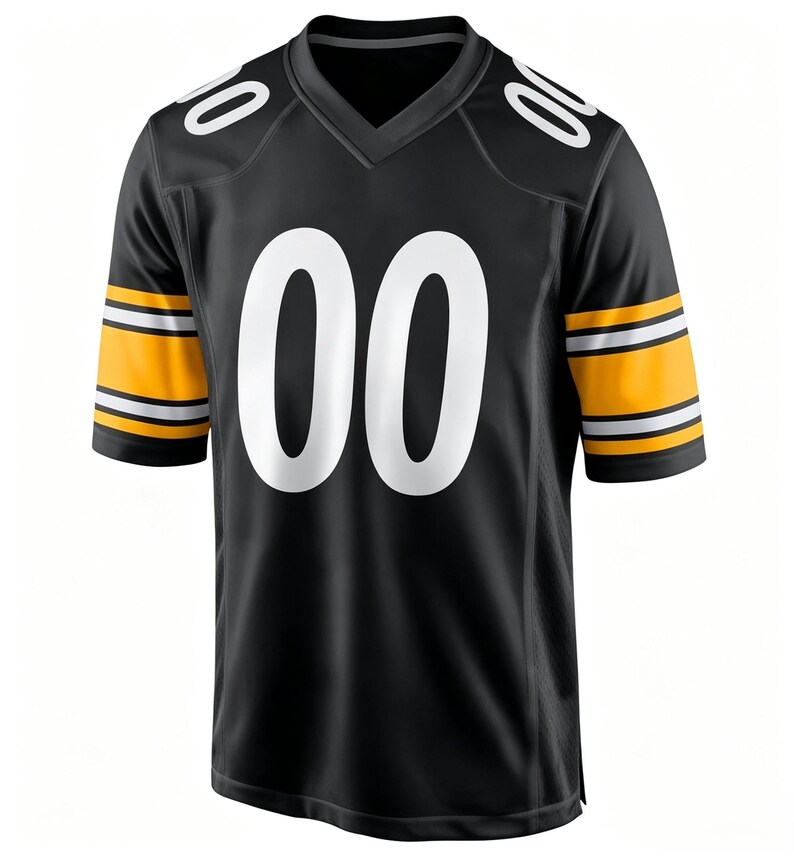 May include: A black V-neck jersey featuring the number 00 in large white font on the center chest and shoulders. The short sleeves are accented with wide yellow bands bordered by thin white stripes, creating a bold contrast against the black fabric.