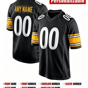 May include: A black football jersey with yellow and white sleeve stripes, featuring the number 00 in white on the front, back, and shoulders. The back displays the text ANY NAME in yellow. The image includes the text Personalizable at the top.