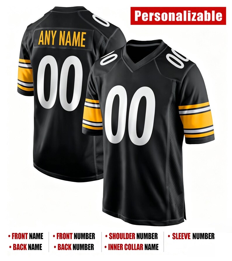 May include: A black football jersey with yellow and white sleeve stripes, featuring the number 00 in white on the front, back, and shoulders. The back displays the text ANY NAME in yellow. The image includes the text Personalizable at the top.