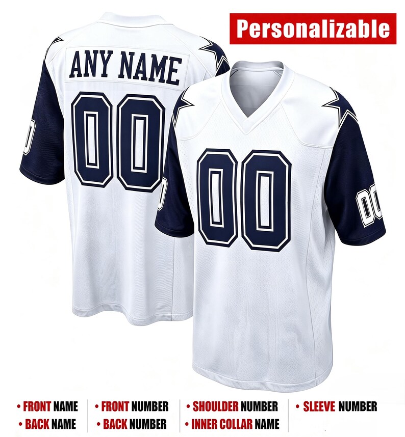Camiseta de fútbol americano blanca personalizada, nombre y número bordados a medida, tejido piqué Birds Eye. imagen 5