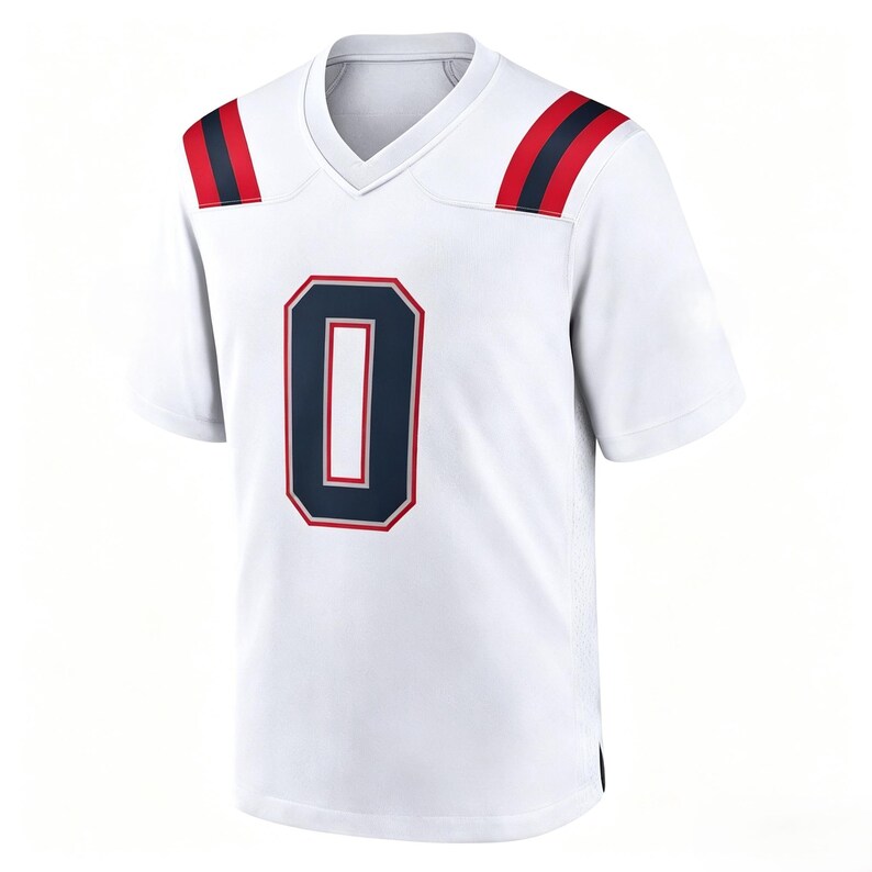 May include: A white short-sleeve jersey with a V-neck collar. The front features a large navy blue number zero with a red and white outline. Each shoulder has two vertical navy blue stripes with a red stripe in the center.