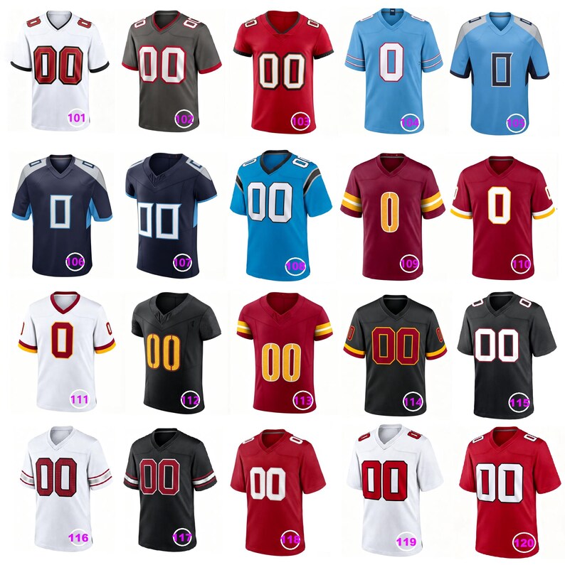 May include: A collection of twenty short-sleeved V-neck sports jerseys in various colors including white, gray, red, blue, black, and maroon. Each jersey features a large number zero or double zero on the chest, with some designs including stripes on the sleeves.