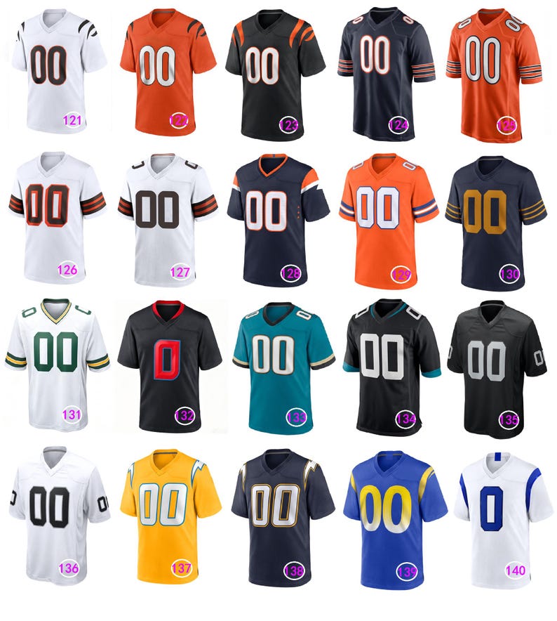 May include: A collection of twenty short-sleeved V-neck sports jerseys in various colors including white, orange, black, navy, teal, yellow, and blue. Each jersey features the number 00 or 0 on the front and is labeled with a numbered pink circle.