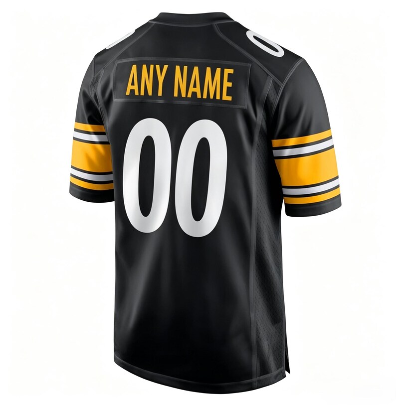 May include: A black sports jersey featuring short sleeves with yellow and white stripes. The back displays the text ANY NAME in yellow block letters above the large white number 00. The jersey has a V-neck collar and a standard athletic fit.