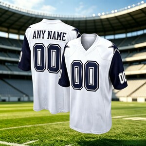 Camiseta de fútbol americano blanca personalizada, nombre y número bordados a medida, tejido piqué Birds Eye. imagen 1