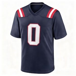 May include: A navy blue short-sleeve jersey featuring a large white number zero on the chest with a red and silver outline. The shoulders have vertical red and white stripes, and the garment is designed with a V-neck collar.