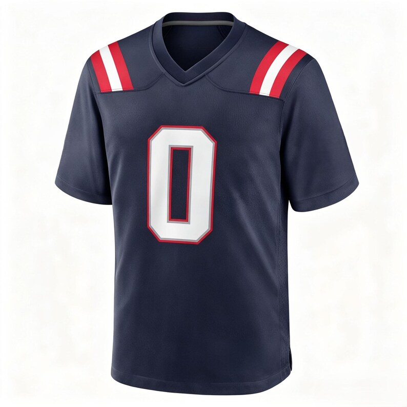 May include: A navy blue short-sleeve jersey featuring a large white number zero on the chest with a red and silver outline. The shoulders have vertical red and white stripes, and the garment is designed with a V-neck collar.