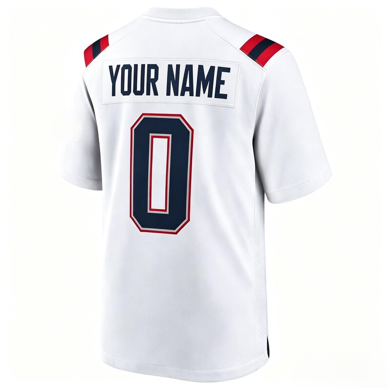 May include: A white short-sleeved sports jersey featuring the text YOUR NAME in dark blue block letters above a large dark blue number 0 with a red and white outline. The shoulders have dark blue and red stripes on a white background.