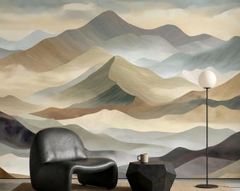 Abstract Mountain Landscape Wallpaper, Hand-Painted Earthy Wall Mural, Minimalist Nature Decor
