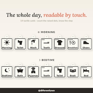May include: A set of 14 white square tactile cards with black icons and text representing daily routines. Each card features raised dots for touch reading. The text includes Morning, Toilet, Wash, Teeth, Dressed, Breakfast, Shoes, Bedtime, Bath, Pyjamas, Book, and Bed.