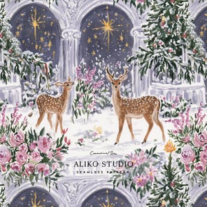 May include: A seamless pattern featuring two brown spotted deer standing in a snowy landscape with pink flowers, green pine trees, and arched windows under a starry night sky. The text reads Commercial Use ALIKO STUDIO SEAMLESS PATTERN.