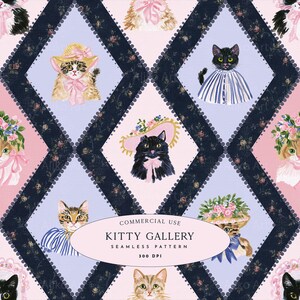 May include: A seamless pattern featuring illustrations of cats wearing hats and clothing, arranged in a diamond grid with dark floral borders. The text reads: COMMERCIAL USE KITTY GALLERY SEAMLESS PATTERN 300 DPI. The background colours are light pink and light blue.