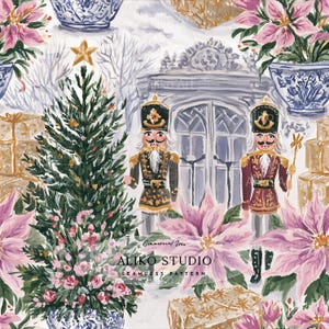 May include: A seamless pattern featuring a green Christmas tree with a gold star, two nutcracker figures in gold and maroon uniforms, pink poinsettia flowers, blue and white patterned vases, and gold gift boxes. Text reads ALIKO STUDIO.
