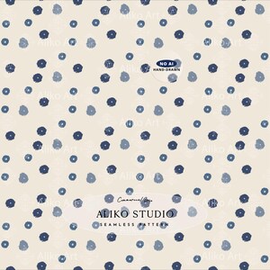May include: A seamless pattern featuring scattered dark blue and muted blue circular shapes on a light beige background. A circular badge contains the text NO AI HAND-DRAWN. An oval label at the bottom displays Commercial Use ALIKO STUDIO SEAMLESS PATTERN.