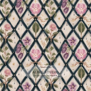 May include: A seamless pattern featuring a dark diamond grid over a cream background. The design includes painted pink and purple flowers, green leaves, and small gold stars. Text in the center reads Commercial Use ALIKO STUDIO SEAMLESS PATTERN.