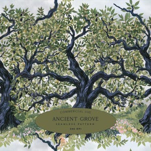 Puede incluir: Un patrón continuo que muestra troncos de árboles oscuros y nudosos con corteza texturizada y follaje verde denso. Pequeños frutos oscuros se dispersan por las ramas. Un óvalo contiene el texto: COMMERCIAL USE ANCIENT GROVE SEAMLESS PATTERN 300 DPI.