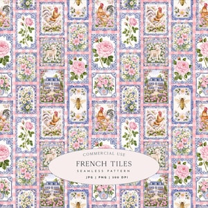 May include: A seamless pattern featuring rectangular tiles with blue and white borders on a pink gingham background. The tiles display illustrations of roosters, roses, lambs, bees, houses, and floral bouquets. Text reads: COMMERCIAL USE FRENCH TILES.