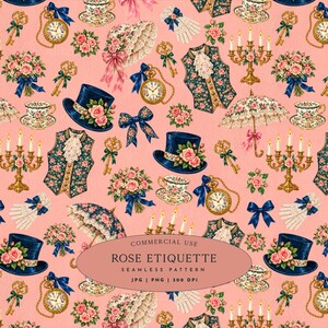 May include: A seamless pattern on a pink background featuring illustrations of blue top hats with pink roses, gold pocket watches with blue ribbons, ornate gold candelabras, floral teacups, lace parasols, gold keys, and white lace gloves.
