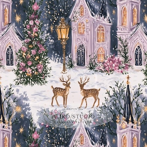 May include: A seamless pattern illustration featuring light purple buildings with glowing windows, a tall lamp post, a decorated evergreen tree with pink flowers, and two brown spotted deer in a snowy landscape. Text reads ALIKO STUDIO.