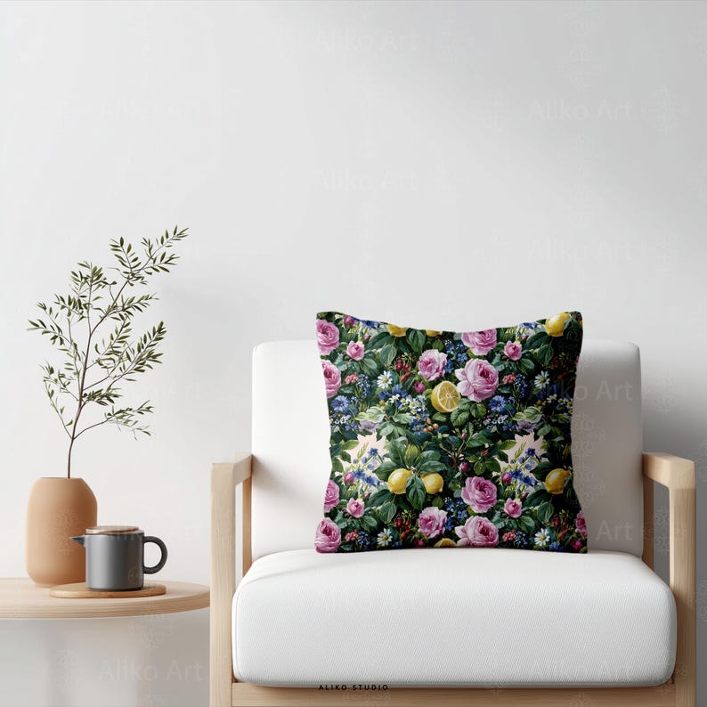 Painterly Lemon Rose Seamless Pattern With Pink Flowers and Blue ...