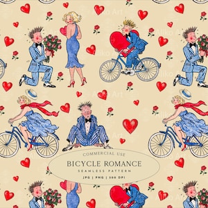 Pode incluir: Um padrão contínuo sobre fundo bege com ilustrações de pessoas em trajes azuis, bicicletas, corações vermelhos e rosas. O texto diz: COMMERCIAL USE BICYCLE ROMANCE SEAMLESS PATTERN JPG | PNG | 300 DPI. O estilo é de desenho animado e colorido.