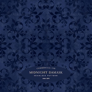 May include: A seamless digital pattern featuring a dark navy blue damask design with repeating ornate scrollwork motifs. The image includes a central dark blue oval label with the text: COMMERCIAL USE MIDNIGHT DAMASK SEAMLESS PATTERN 300 DPI.