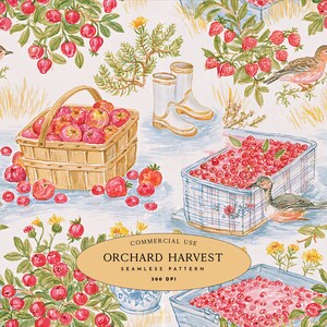 Puede incluir: Un patrón continuo con ilustraciones en acuarela de manzanas rojas en una cesta de madera, cajas llenas de bayas rojas, botas de goma blancas, pájaros pequeños y follaje verde sobre un fondo claro con el texto Orchard Harvest.