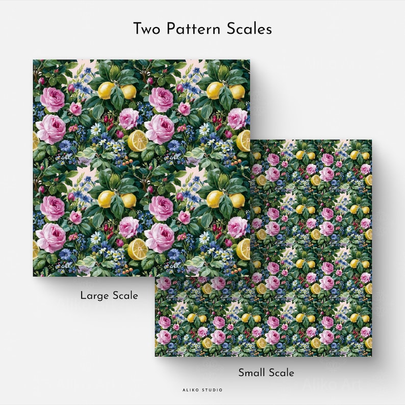 Painterly Lemon Rose Seamless Pattern With Pink Flowers and Blue ...