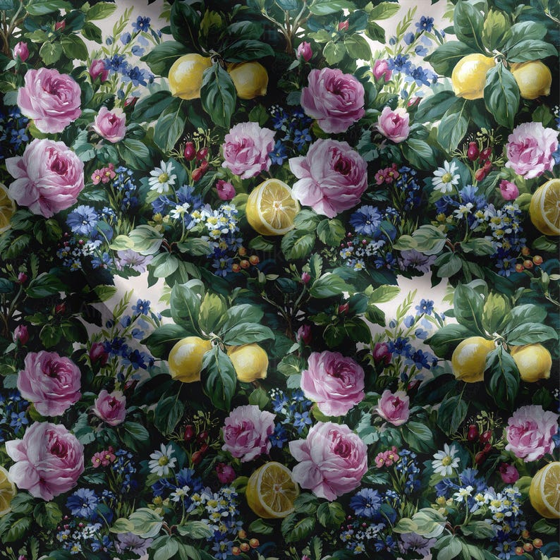 Painterly Lemon Rose Seamless Pattern With Pink Flowers and Blue ...