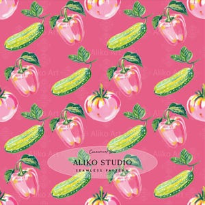 May include: A seamless pattern on a vibrant pink background featuring repeating illustrations of light pink bell peppers and green cucumbers with leaves. The text ALIKO STUDIO is centered in an oval frame with the words Commercial Use below it.
