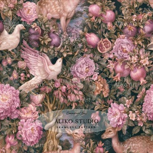 May include: A seamless pattern featuring white doves in flight and perched among lush pink peonies, pomegranates, and deer on a dark background. The design includes the text Aliko Studio Commercial Use Seamless Pattern overlaid in a central oval.