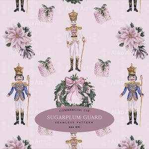 Può includere: Un motivo continuo su sfondo rosa chiaro con illustrazioni di soldati schiaccianoci in uniformi bianche e blu, regali rosa, stelle di Natale e una ghirlanda con un fiocco rosa. Il testo recita: COMMERCIAL USE SUGARPLUM GUARD.