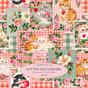 Könnte beinhalten: Ein nahtloses digitales Muster mit Kätzchen, rosa Rosen und rot-weiß karierten Quadraten. Das Design zeigt Illustrationen verschiedener Kätzchen, einige mit roten Herzanhängern, und Blumenarrangements. Text: COMMERCIAL USE KITTEN PATCHWORK SEAMLESS PATTERN 300 DPI.