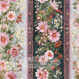 May include: A seamless pattern featuring vertical stripes of pink cosmos flowers, small white blossoms, and red berries. The design includes ornate decorative borders in dark blue and pink, with the text ALIKO STUDIO SEAMLESS PATTERN overlaid.
