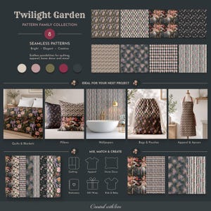Op de afbeelding: Een digitale weergave van de Twilight Garden patrooncollectie met acht naadloze patronen met bloemen-, ruit- en geometrische ontwerpen in roze, groene en zwarte tinten, toegepast op quilts, kussens, behang, tassen en schorten.