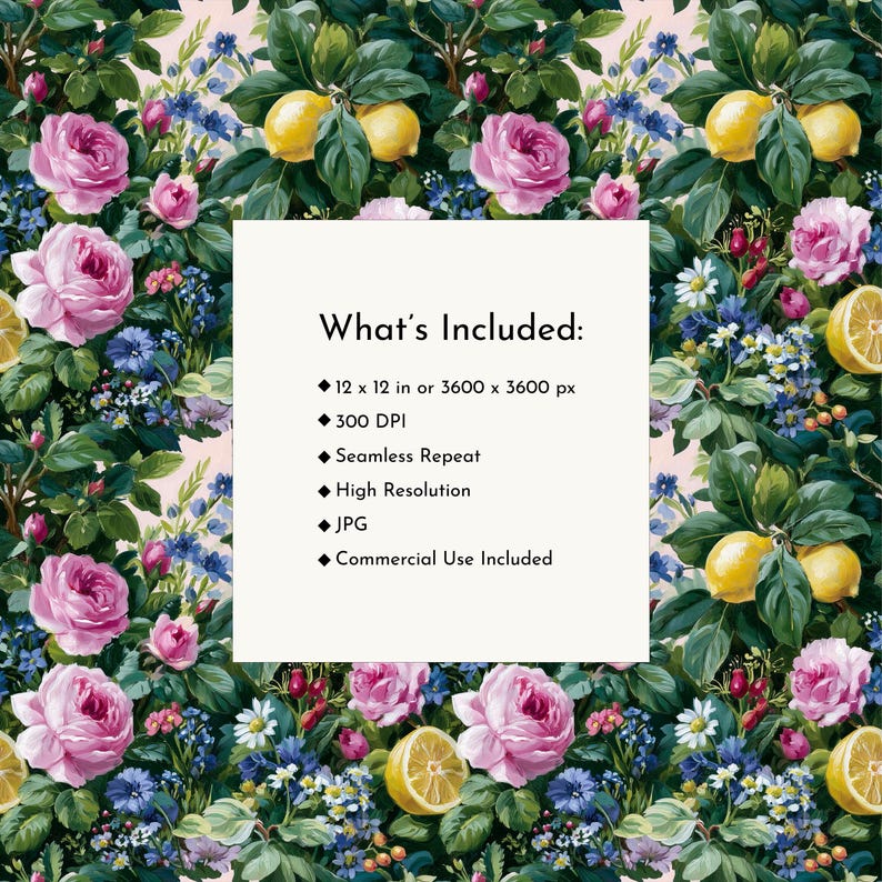 Painterly Lemon Rose Seamless Pattern With Pink Flowers and Blue ...