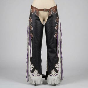 Western Suede Chaps | Black Tooled Leather Fringe Chinks | Costume Cowgirl Riding Gear