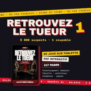 Peut inclure: Un jeu d'enquête interactif intitulé Retrouvez le tueur 1, sur fond noir avec des bandes de scène de crime jaunes. Le jeu comprend 217 pages, 5 000 suspects et 1 coupable, conçu pour être utilisé sur tablette, ordinateur, téléphone ou papier.