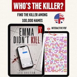 Mordmysteriespel utskrivbart • Emma dödade honom inte • Eliminera 100 000 namn • PDF • 3 nivåer • Pusselbok • Hitta mördaren