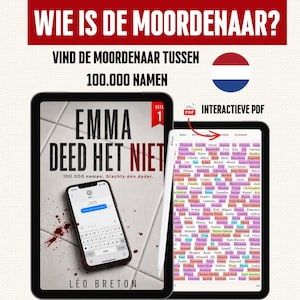 Puede incluir: Un juego de misterio digital titulado Emma Deed Het Niet que incluye una tableta con la portada de un libro, un smartphone con un mensaje de texto y manchas de sangre, y otra tableta con una cuadrícula de 100.000 nombres en formato PDF.