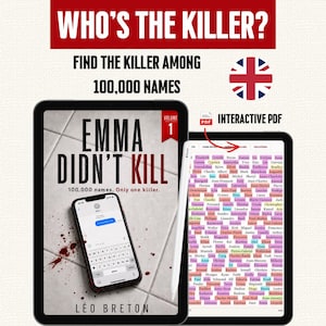 Emma go NIE zabiła • 100 000 imion • Interaktywny plik PDF • 3 poziomy trudności • Książka z łamigłówkami • Znajdź mordercę • Gra detektywistyczna