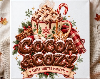Puede incluir: Un lienzo cuadrado que muestra una taza de chocolate caliente con nata, nubes y virutas de chocolate. La taza tiene un patrón de copos de nieve rojos. Debajo, el texto dice COCOA & COZY y SWEET WINTER MOMENTS sobre una cinta decorativa.