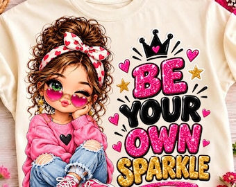 Puede incluir: Una camiseta color crema con el gráfico de una persona de cabello castaño rizado, diadema de corazones y gafas en forma de corazón. El texto BE YOUR OWN SPARKLE aparece en purpurina rosa, negra y dorada con corazones y estrellas.