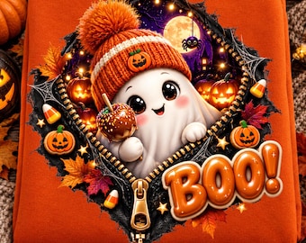 Puede incluir: Una sudadera naranja con un gráfico de un fantasma que lleva un gorro de punto naranja con una calabaza y sostiene una manzana de caramelo. El diseño incluye un efecto de cremallera, calabazas, hojas de otoño y la palabra BOO! en naranja.