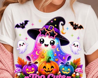 Puede incluir: Una camiseta blanca con un gráfico de un fantasma con los colores del arcoíris que lleva un sombrero de bruja negro y gafas de sol en forma de estrella. El diseño incluye dos fantasmas blancos más pequeños, tres calabazas y el texto Too Cute To Spook.